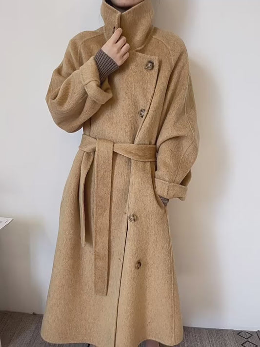 Winter Series 37 : Stand Collar Double-Sided Cashmere Coat for Women, High-End Alpaca Hepburn-Style Wool Coat