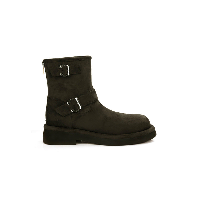 Winter Series 22 : New Vintage Biker-Style Buckle Round-Toe Thick-Soled Height-Increasing Mid-Calf Boots / Short Boots for Women